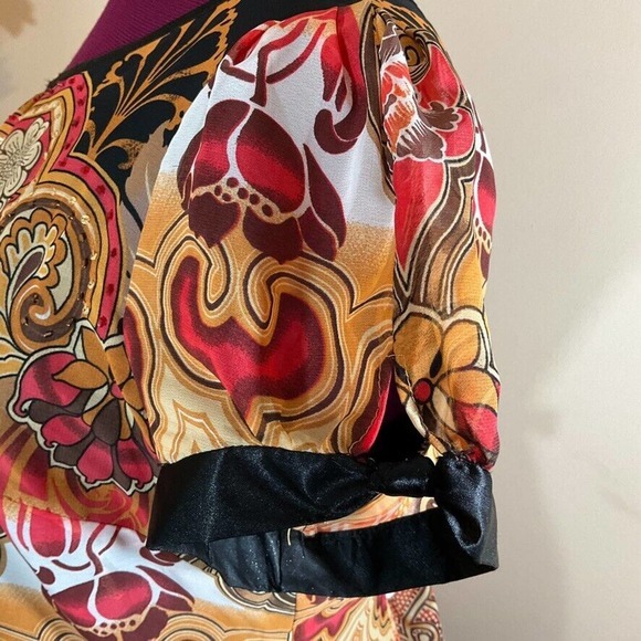 CATO Tropical Chiffon Dress Gold Red Browns Shortsleeved Lined Size 14 - Picture 5 of 16